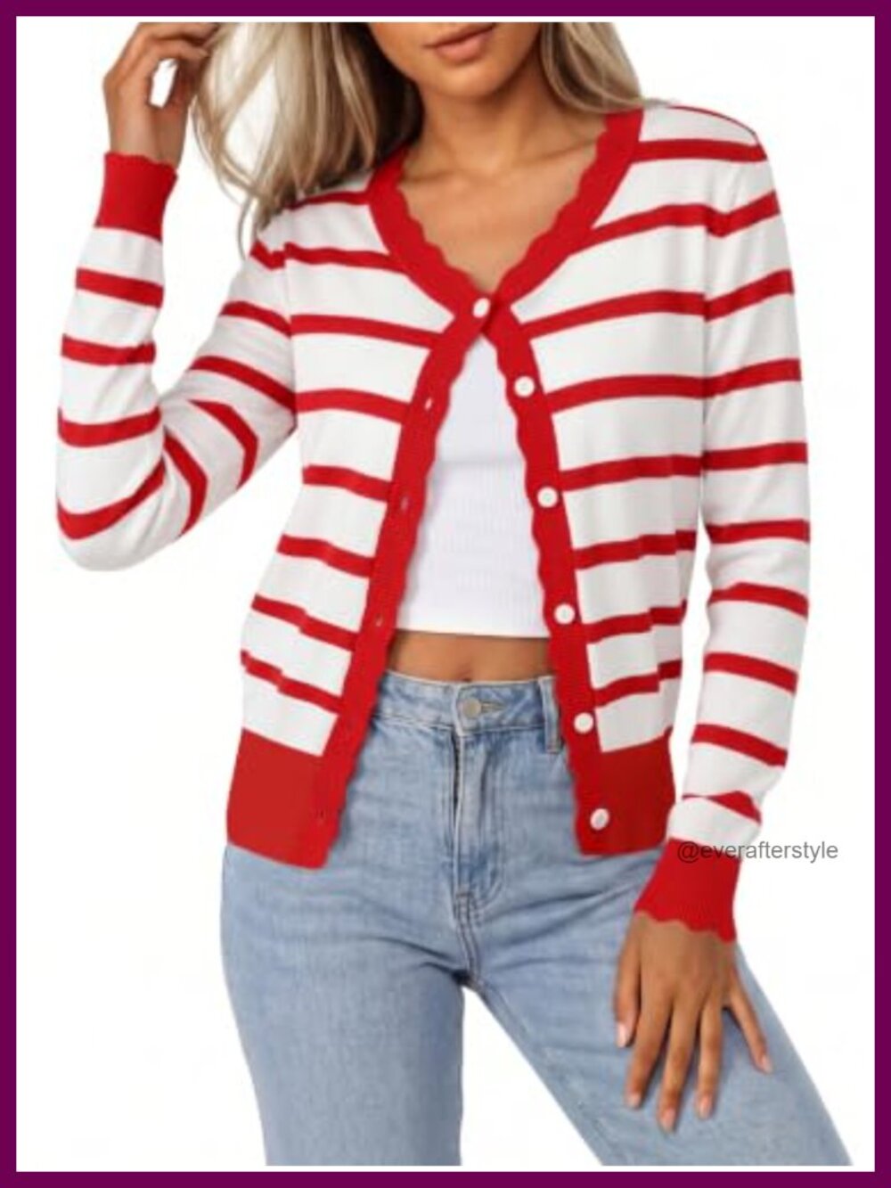 Women's Striped Ribbed Knit Cardigan Scalloped Trim Slim Fit